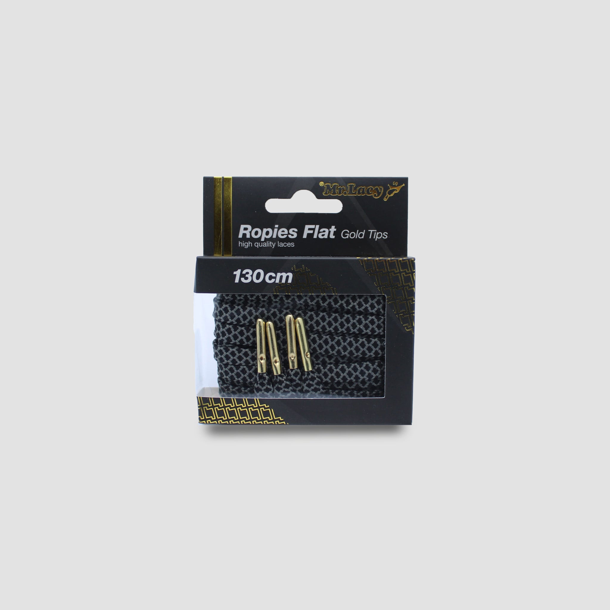 Ropies Flat Shoelaces · Black/Dark Grey/Gold Tip