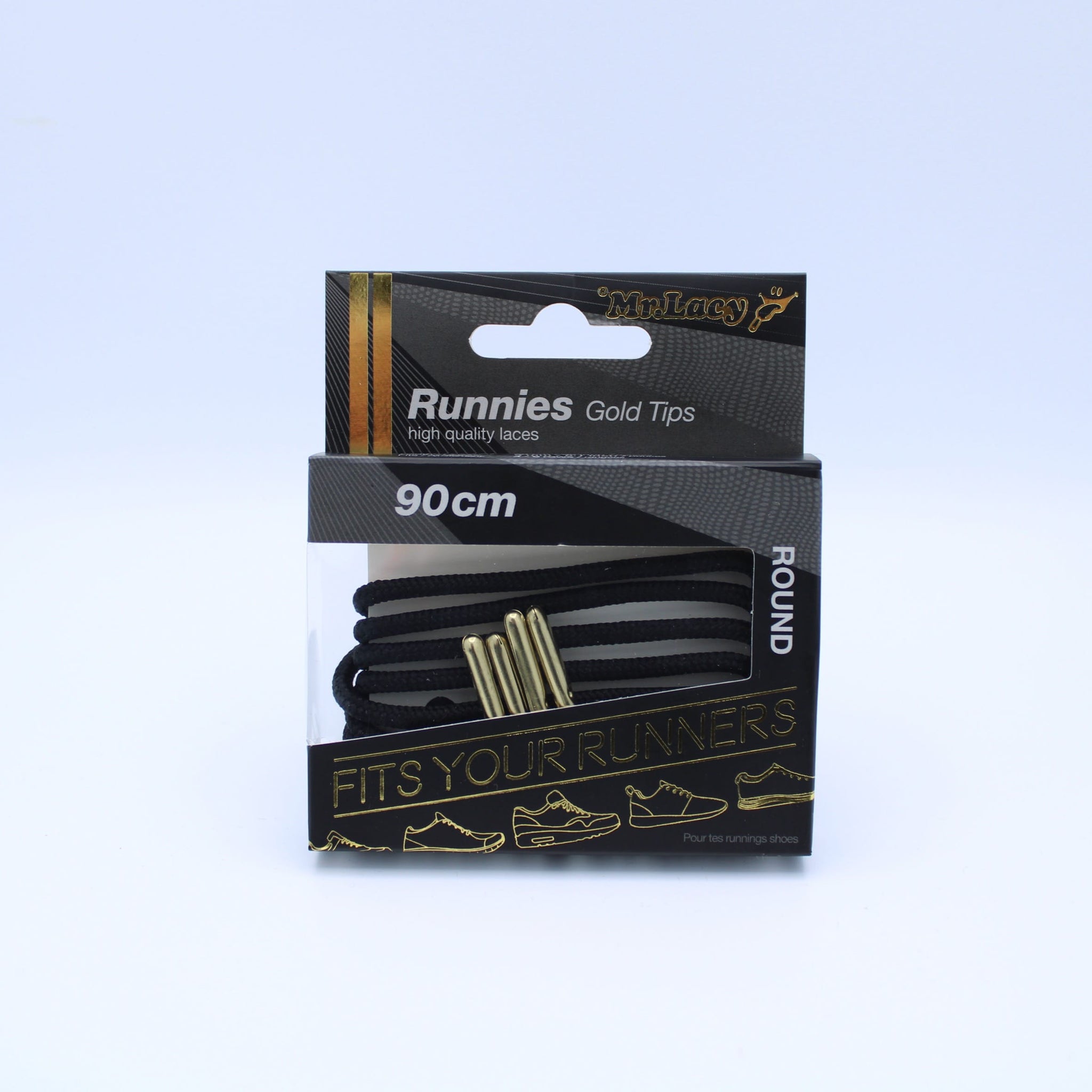 Runnies Round Metal Tips Shoelaces · Black with Gold Tip · Mr.Lacy