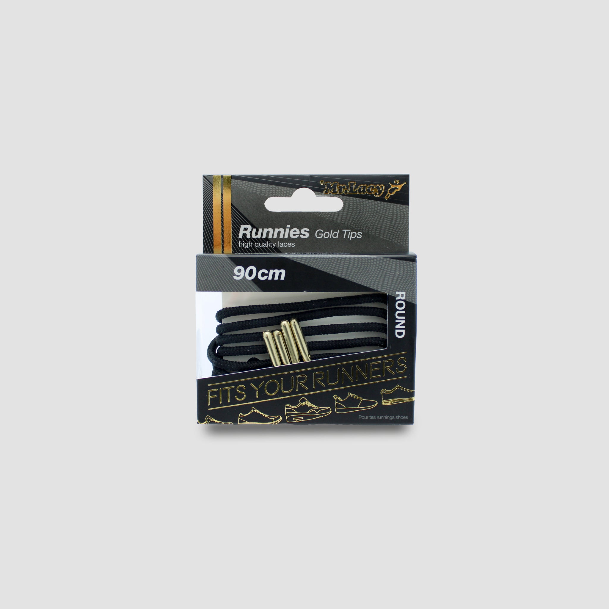 Runnies Round Metal Tips Shoelaces · Black with Gold Tip