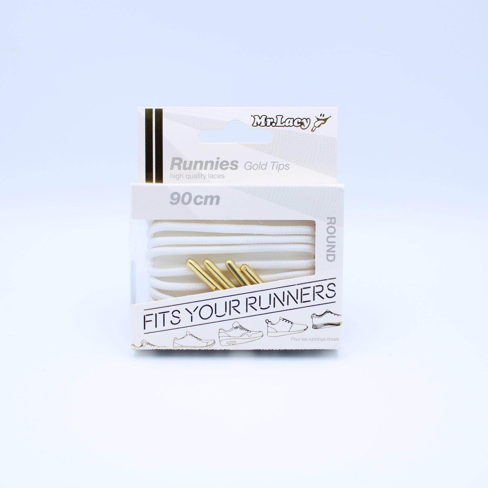 Runnies Round Metal Tips Shoelaces · White with Gold Tip · Mr.Lacy